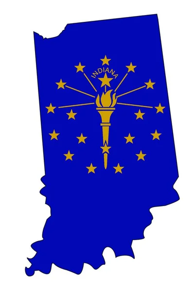 Obrysová Mapa Státu Indiana Nad Bílou Vloženou Vlajkou — Stockový vektor