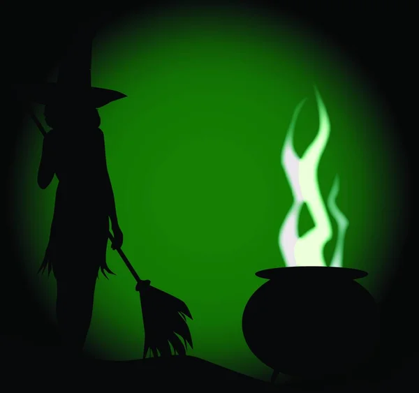 Čarodějnice Kotlem Vařícím Pozadí Zeleného Úplňku — Stockový vektor
