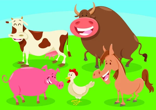 Illustrazione Dei Cartoni Animati Del Gruppo Personaggi Animali Fattoria Sul — Vettoriale Stock