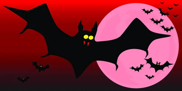 Vampir Yarasalar Üzerinde Uçuyor Koyu Kırmızı Gökyüzüne Karşı — Stok Vektör