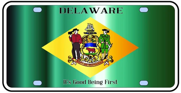 Delaware Πινακίδα Κράτους Στα Χρώματα Της Σημαίας Κράτους Εικονίδια Πάνω — Διανυσματικό Αρχείο
