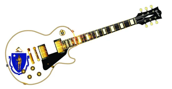 Ostateczny Rock Roll Gitara Flagą Stanu Massachusetts Pieczęć Izolowane Białym — Wektor stockowy