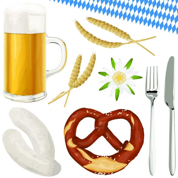 Sammlung Typischer Wiesn Bilder Bier Brezel Weizen Weißwurst Mit Gabel — Stockvektor