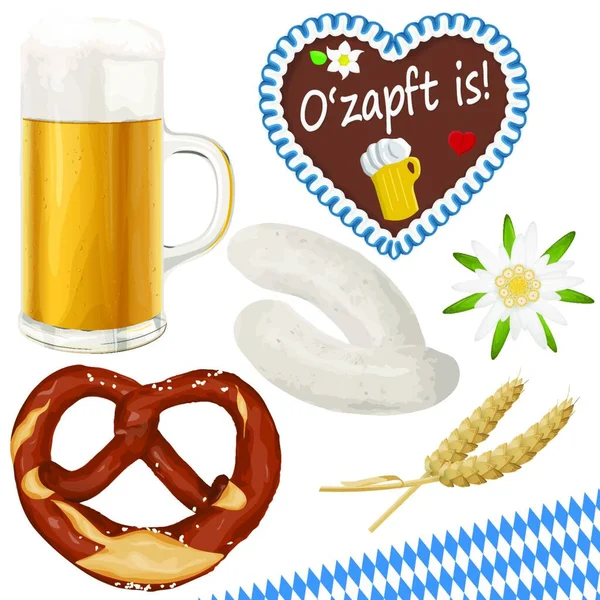 Coleção Objetos Típicos Ilustrados Oktoberfest Cerveja Bretzel Coração Gengibre Trigo —  Vetores de Stock