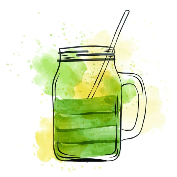 Frasco Smoothie Verde Desenhado Mão Estilo Aquarela Formato Vetorial — Vetor de Stock