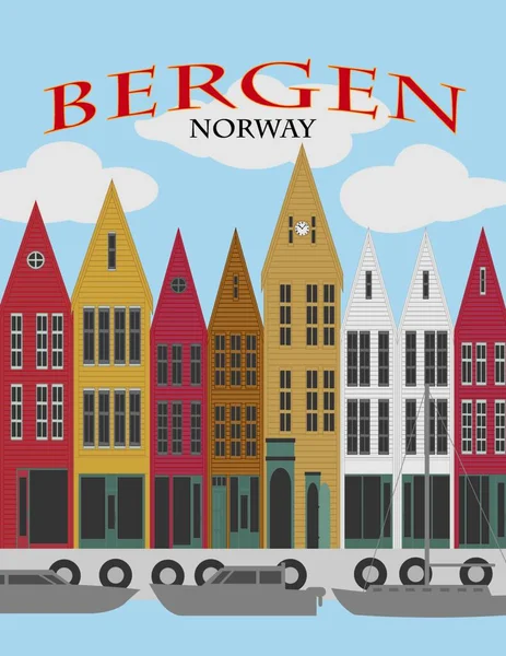 Bergen Norway Downtown Waterfront Colorful Wooden Houses Shopping District Poster — Stock Vector