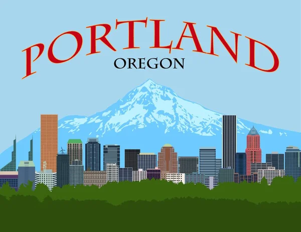 Portland Oregon Cidade Centro Cidade Skyline Com Mount Hood Cor —  Vetores de Stock