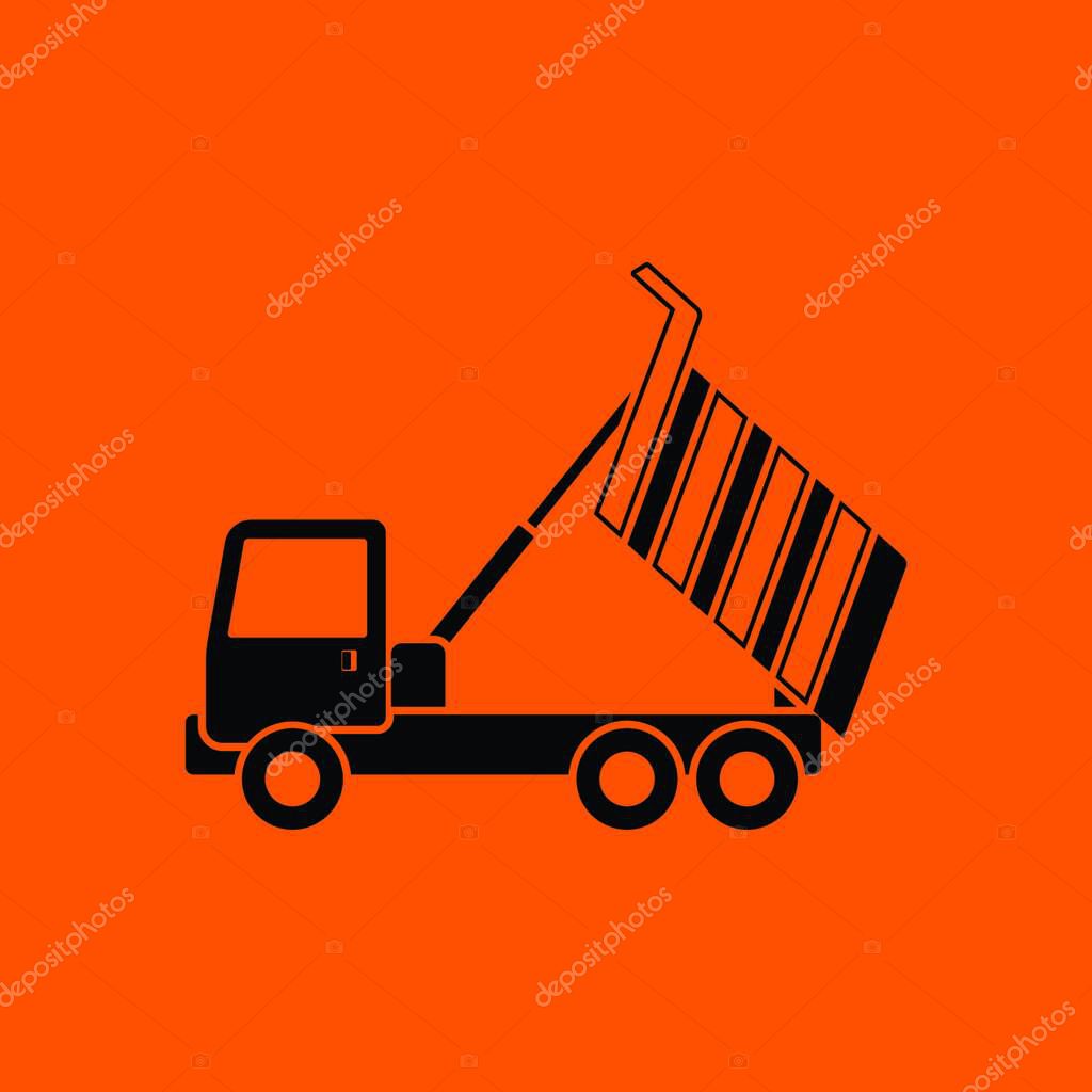 Icon of tipper. Orange background with black. Vector illustration.