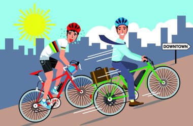 vector illustration of two cyclists going up a steep hill one on a green electric bike and the other on a red regular bike. The rider on the electric bike is smiling and the one on the red pedal is sweating and exhausted clipart