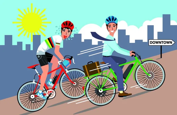 两个骑自行车的人爬上陡峭的山丘 一个骑绿色电动车 另一个骑红色的常规自行车 骑电动自行车的人面带微笑 骑红色踏板的人汗流浃背 筋疲力尽 — 图库矢量图片