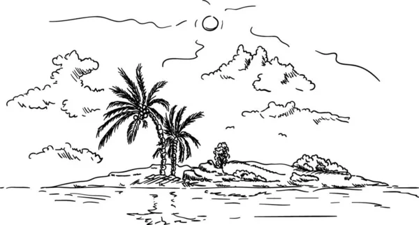 Vector Palmen Zand Eiland Met Wolken — Stockvector