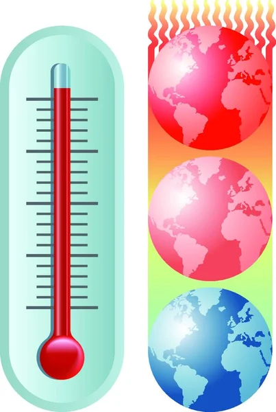 온난화 변화에 상징적 온도계와 뜨겁고 뜨거운 온도로 움직이는 줍니다 — 스톡 벡터