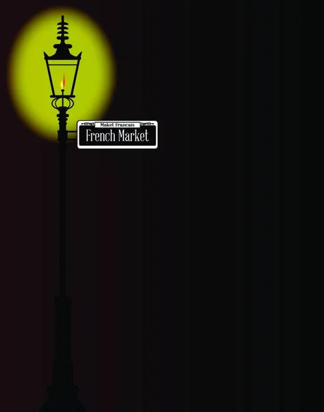 暗い背景に古いガス街の光とフランス市場のニューオーリンズの通りの標識 — ストックベクタ