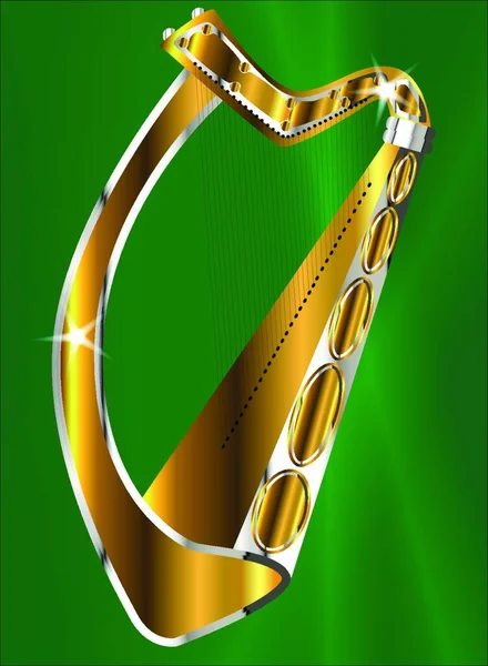 Tradycyjna Złota Irlandzka Harfa Zielonym Tle — Wektor stockowy