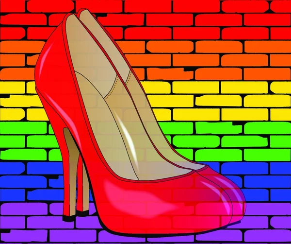 Lgbtの虹で描かれたよく身に着けている壁は かかとの靴のペアに対して — ストックベクタ
