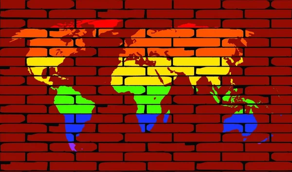 一幅用男女同性恋 双性恋 变性者和变性者彩虹描绘在整个世界地图轮廓上的老旧墙壁 — 图库矢量图片