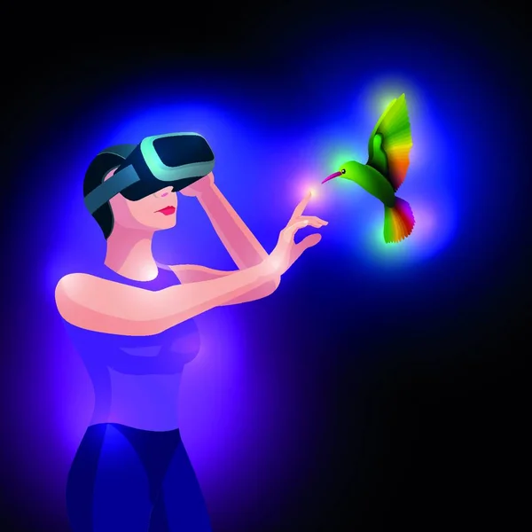 Woman Experiencing Virtual Reality Touching Virtual Bird Vector Illustration — Stock Vector