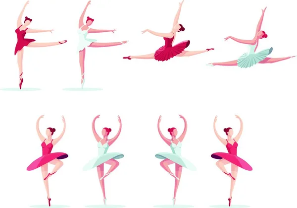 Векторная Иллюстрация Коллекции Балерины Набор Молодых Красивых Танцев Балерины Плоская — стоковый вектор