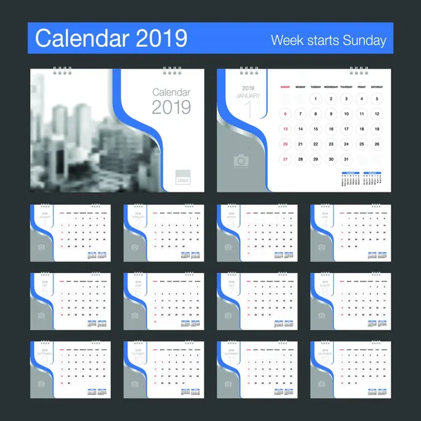 2019 Calendar Desk Calendar Modern Design Template Place Photo Week — Stock Vector