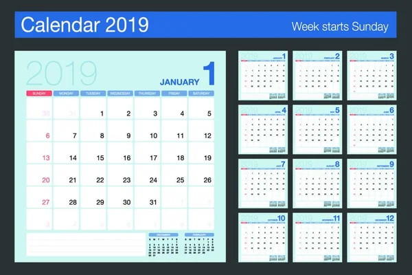 Calendario 2019 Calendario Escritorio Plantilla Diseño Moderno Semana Comienza Domingo — Vector de stock