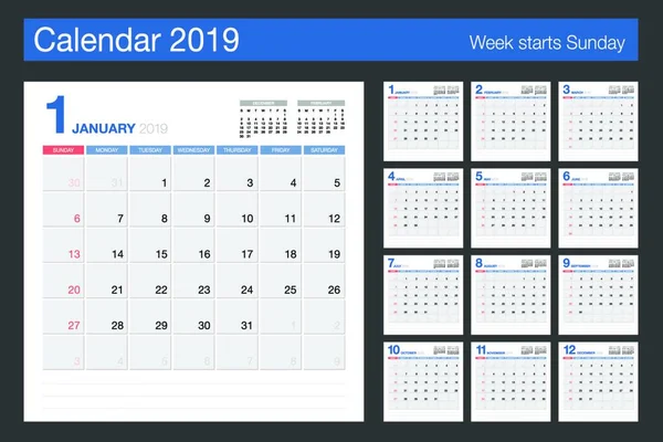 Calendário 2019 Desk Calendar Modelo Design Moderno Semana Começa Domingo — Vetor de Stock