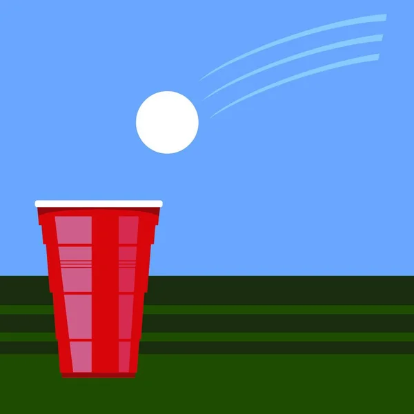 Turneul Beer Pong Red Plastic Cup White Tennis Ball Green — Vector de stoc