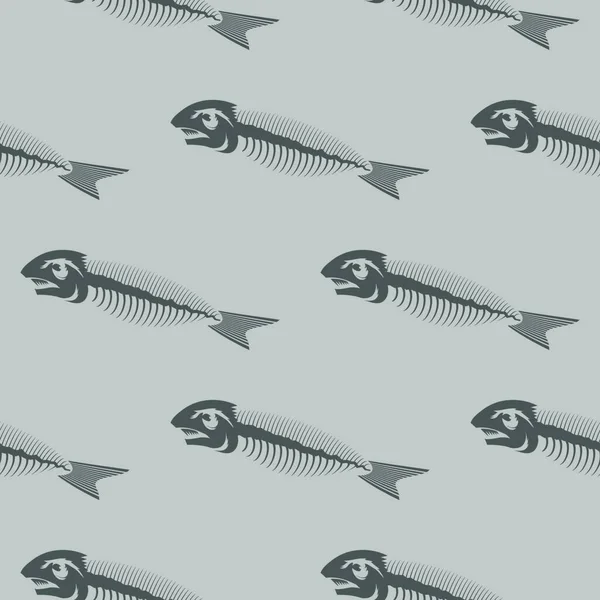 Fish Bone Skeleton Naadloos Patroon Geïsoleerd Grijze Achtergrond Zeevissen Iconen — Stockvector