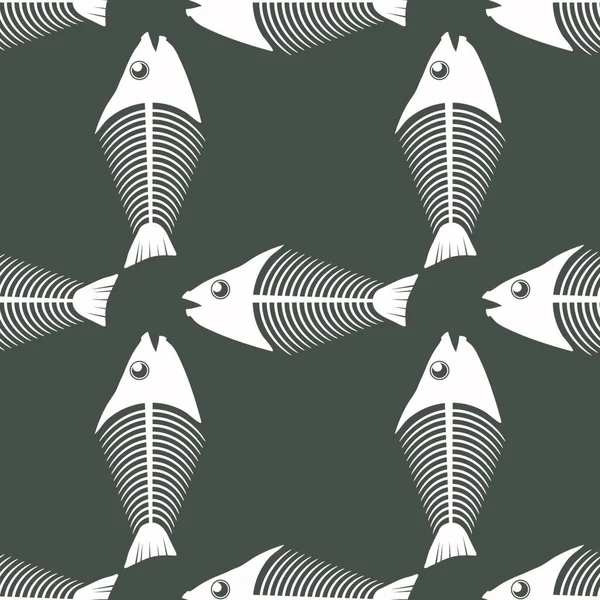 Fischknochenskelett Nahtlose Muster Isoliert Auf Grauem Hintergrund Ikonen Der Meeresfische — Stockvektor