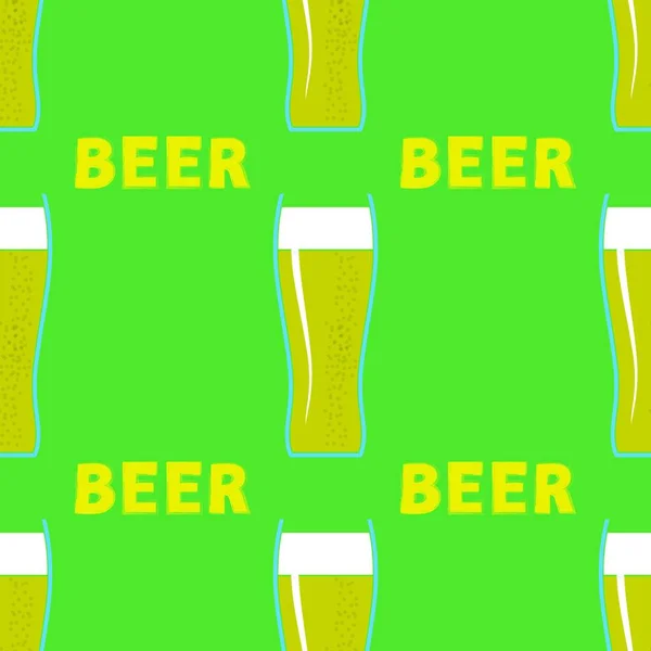 Patrón Sin Costura Vasos Cerveza Sobre Fondo Verde — Vector de stock