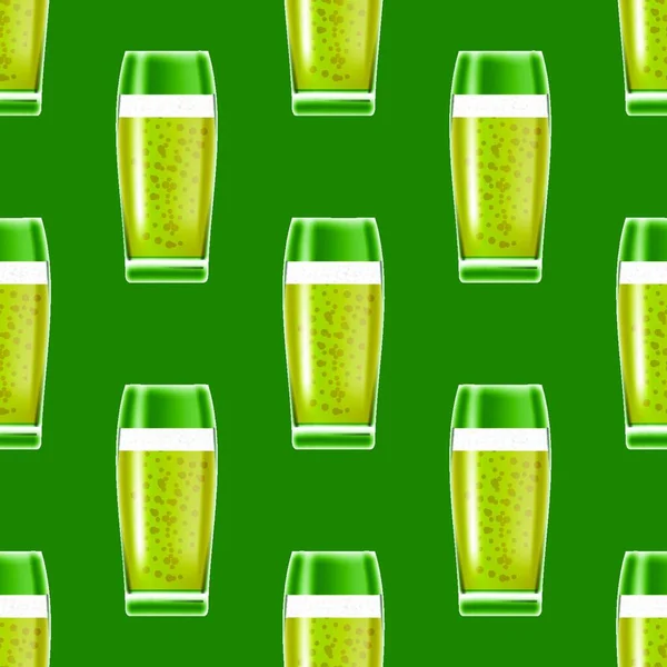 Transparent Beer Glasses Seamless Pattern Green Background — Stock Vector