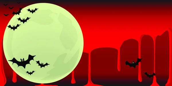 吸血鬼コウモリは血の流れる空に対して秋の月を渡って形成に飛んで — ストックベクタ