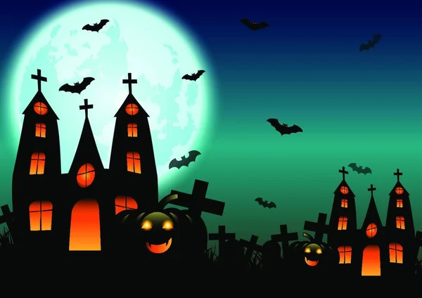 Хэллоуинский Фон Домом Привидениями Тыквой Полнолунием Искушение Хэллоуину — стоковый вектор