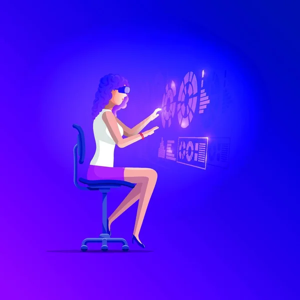 Pretty Beautiful Girl Wearing Virtual Reality Goggles Device Sitting Modern — Stock Vector