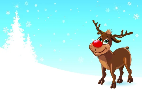 Cartoon Deer Winter Background Deer Background Snowflakes Firs Deer Red — Stock Vector