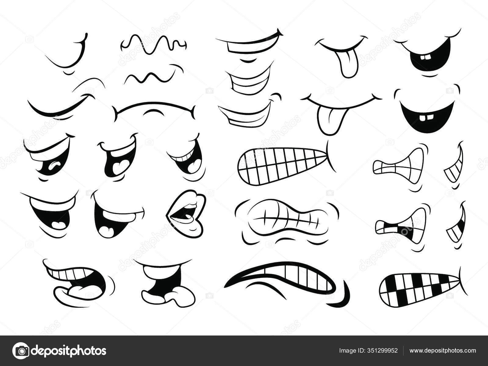 Vetores de Coleção De Elementos De Boca Dos Desenhos Animados Mostrar A  Língua Sorrir Com Os Dentes Emoções Expressivas Bocas E Fonemas Set Vector  A Sorrir e mais imagens de Boca 