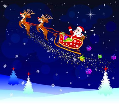 Santa Claus on his sleigh, harnessed by deer. Santa Claus with gifts on his sleigh.                                                                                                                                                         .. clipart