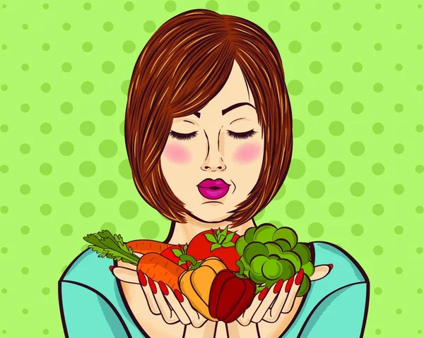 Beautiful Red Haired Lady Vegetables His Hands Vector Illustration — Stock Vector