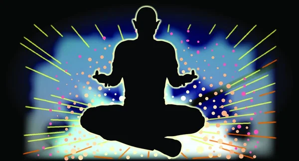 Sukhasana Yoga Pose Πέρα Από Μια Λάμποντας Υπόβαθρο Σπινθήρες Και — Διανυσματικό Αρχείο
