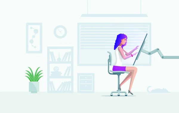美しい少女は近代的なオフィスの椅子の上に座って 大きなタッチ スクリーンのコンピューターの作業します ベクトル図 — ストックベクタ