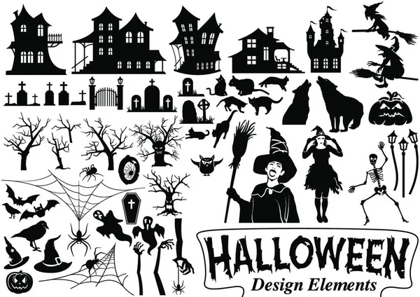 Halloween Designelemente Für Ihren Einsatz Schwarzweiß Illustrationsset Vektor — Stockvektor