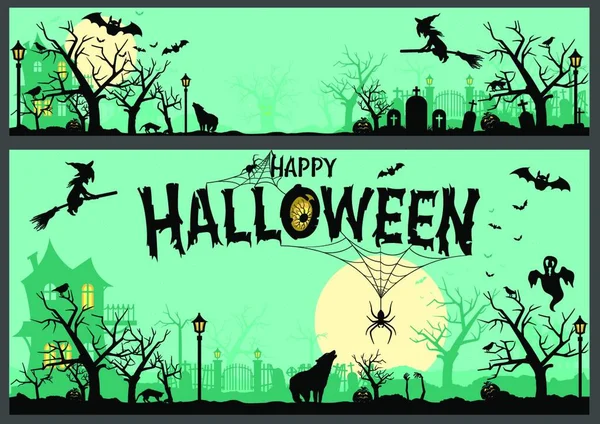 Fondo Halloween Banner Ilustración Colores Con Elementos Miedo Siluetas Negras — Vector de stock