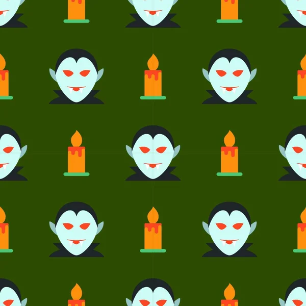 Хеллоуїн Безшовний Візерунок Привидом Свічкою Темно Зеленому Тлі Дизайн Фону — стоковий вектор