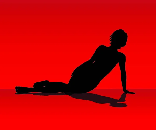 Ein Weibliches Modell Auf Dem Boden Vor Rotem Hintergrund — Stockvektor