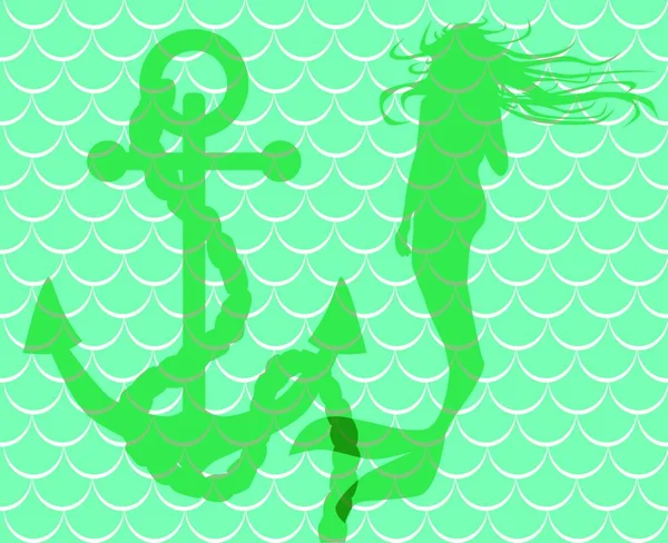 Eine Aquatische Grüne Wellen Hintergrund Mit Schiffen Anker Und Meerjungfrau — Stockvektor