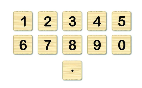 Ein Kompletter Satz Von Zahlen Auf Holzquadraten Auf Weißem Hintergrund — Stockvektor