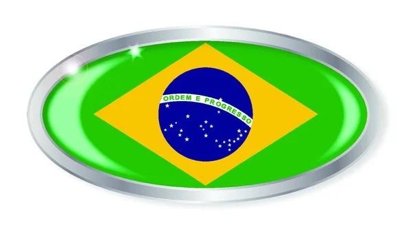 白い背景にブラジルの旗が孤立した楕円形の銀ボタン — ストックベクタ