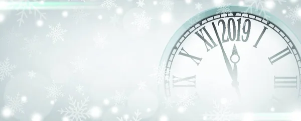 向量2019新年快乐与复古时钟灰色雪花背景 为您的复制空间 — 图库矢量图片