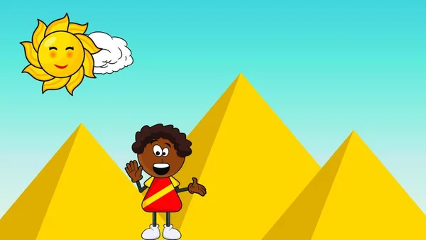 Black African Smile Boy Cartoon Design Pyramid Background — Stock Vector
