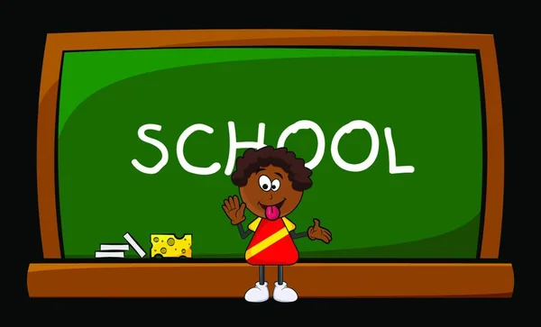 Afrikaanse Zwarte Jongen Cartoon Weergegeven Tong School Blackboard Geïsoleerd Zwarte — Stockvector