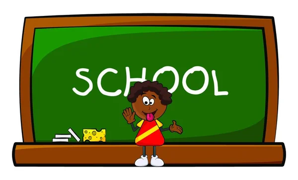 Afrikaanse Zwarte Jongen Cartoon Weergegeven Tong School Blackboard Geïsoleerd Witte — Stockvector